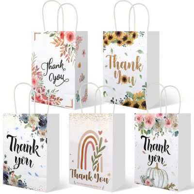 20Pcs Thank You Gift Bags with Handles, 8.2" x 5.8"x3.15" Flower Design Kraft Paper Gift Bags, Party Favor Bags for Wedding Birthday Shower Thanksgiving