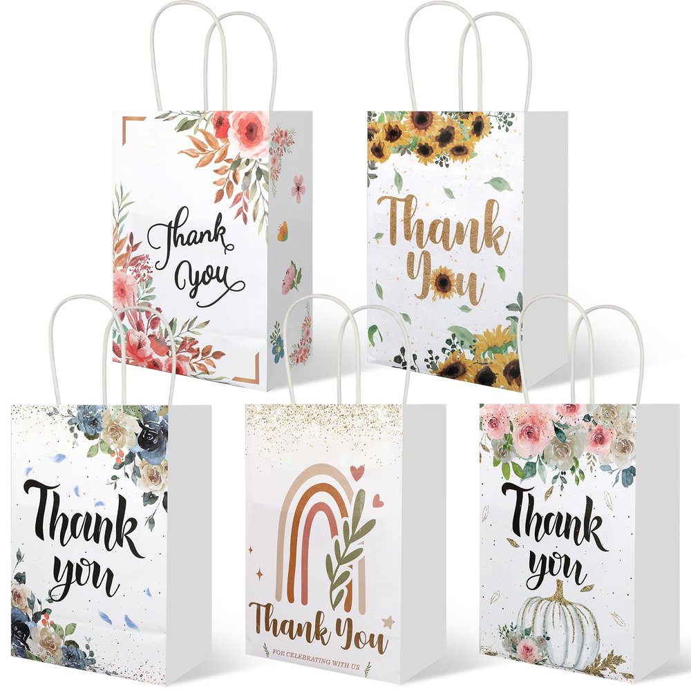 20Pcs Thank You Gift Bags with Handles, 8.2" x 5.8"x3.15" Flower Design Kraft Paper Gift Bags, Party Favor Bags for Wedding Birthday Shower Thanksgiving