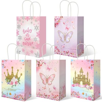 20Pcs Princess Prince Gift Bags with Handles, Butterfly Floral Castle Crown Party Favor Bags, Candy Goodie Bags Paper Treat Bags for Princess Baby Shower Birthday Party Supplies