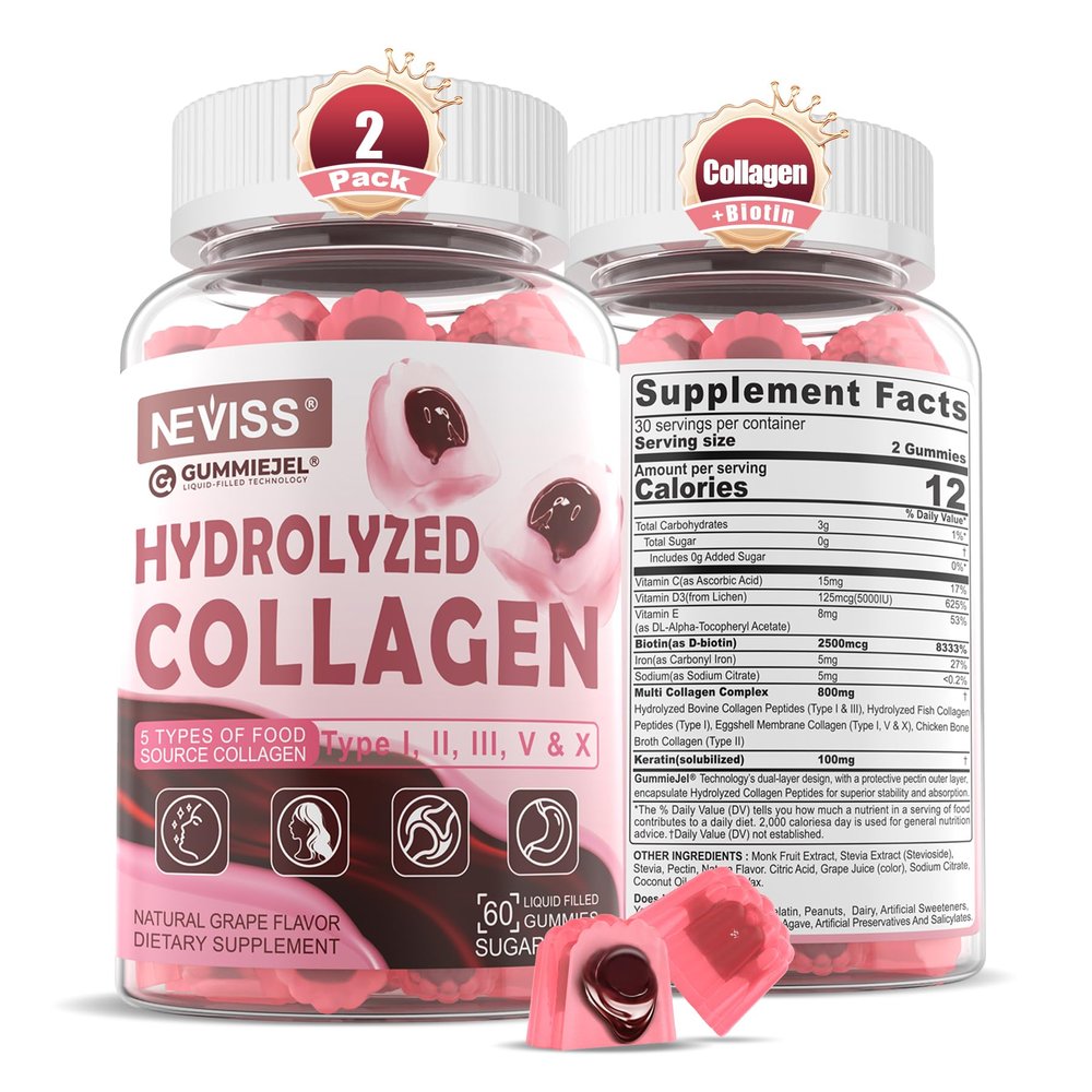 Hydrolyzed Collagen Peptides, Marine Gummies for Women Men, Multi Collagen Type I II III V & X for Hair Growth, Healthy Skin Nails - Collagen Gummy w/ Hair Vitamins Biotin Keratin & Vitamin D3, 120Cts