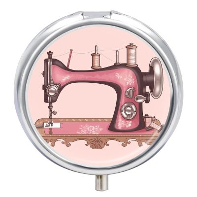 Vintage Sewing Machine Pill Box Small Metal Pill Case for Purse Or Pocket 3 Compartment Pill Organizer Portable Travel Pillbox Mini Pill Container Holder to Hold Vitamins Fish Oil