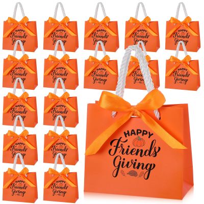 Tenceur 50 Sets Friendsgiving Party Gift Bags Small Thanksgiving Fall Pumpkin Orange Goodie Candy Treat Reusable Bags with Handles and Bow Ribbon for Thanksgiving Party Favor, 5.51x4.72x2.36''
