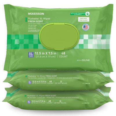 McKesson Flushable* Adult Wet Wipes XL  144 Wipes (3 Pack of 48)  Aloe & Vitamin E, Plant-Based Cleansing Wipes, Scented, Extra Large