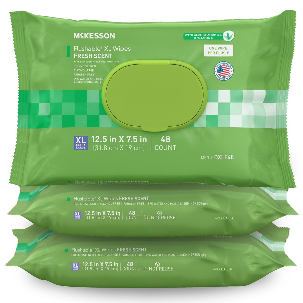 McKesson Flushable* Adult Wet Wipes XL  144 Wipes (3 Pack of 48)  Aloe & Vitamin E, Plant-Based Cleansing Wipes, Scented, Extra Large