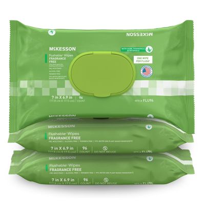 McKesson Flushable* Adult Wet Wipes  288 Wipes (3 Pack of 96)  Aloe & Vitamin E, Plant-Based Cleansing Wipes, Unscented