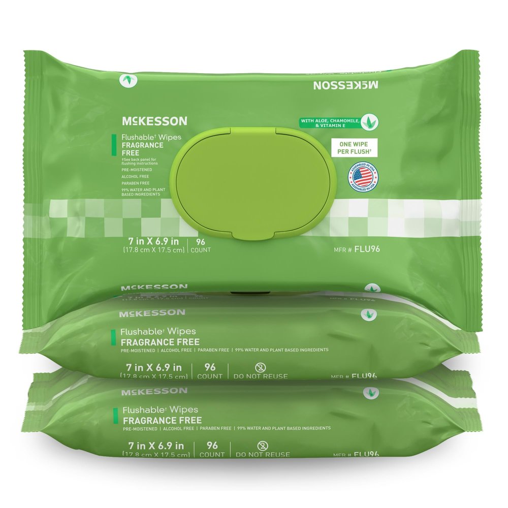 McKesson Flushable* Adult Wet Wipes 288 Wipes (3 Pack of 96) Aloe & Vitamin E, Plant-Based Cleansing Wipes, Unscented