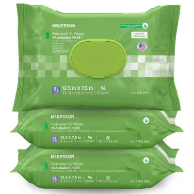 McKesson Flushable* Adult Wet Wipes XL  288 Wipes (3 Pack of 96)  Aloe & Vitamin E, Plant-Based Cleansing Wipes, Unscented, Extra Large