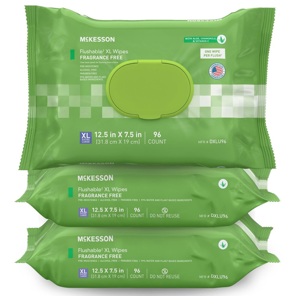McKesson Flushable* Adult Wet Wipes XL  288 Wipes (3 Pack of 96)  Aloe & Vitamin E, Plant-Based Cleansing Wipes, Unscented, Extra Large