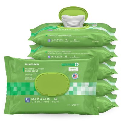 McKesson Flushable* Adult Wet Wipes XL  288 Wipes (6 Pack of 48)  Aloe & Vitamin E, Plant-Based Cleansing Wipes, Scented, Extra Large