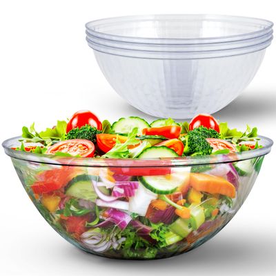 150 oz Clear Plastic Serving Bowls (4 Pack) Disposable Candy Dishes, Buffet Containers for Chips, Popcorn Snacks, Mints, Salad Bar, Punch, Snack Bowl Parties, Office Desk, Bridal Shower Party Supplies