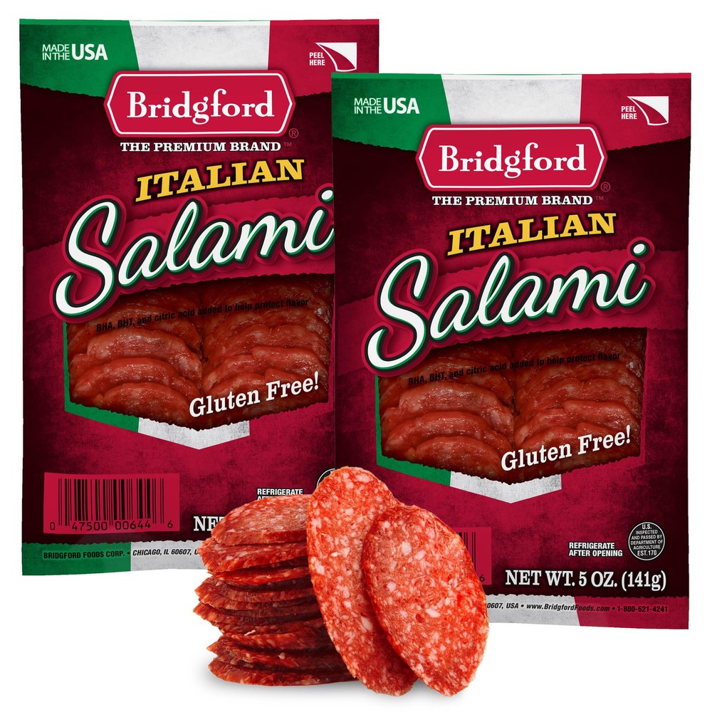 Bridgford Italian Salami 5 oz Pack of 2 - Zero Carb Healthy Salami Sliced Charcuterie Meat for Your Charcuterie Boards or Antipasto Platters - Ready-to-Eat Snack for On-The-Go Snacking