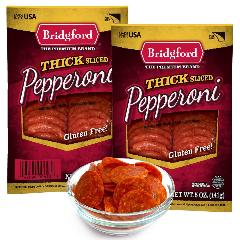 Bridgford Thick Sliced Pepperoni 5 oz Pack of 2 - Thick Pepperoni Slices for Pizza and Sandwiches with Zero Carb Ideal for Your Keto Diets - Ready-to-Eat Slices for On-The-Go Snacking