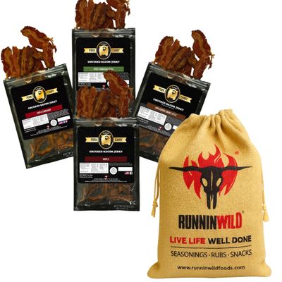 Delicious Bacon Jerky Gift Set for Men Irresistible Variety Pack of Maple, Applewood, Spicy Sriracha & Cinnamon | Packed in Runnin Wild Burlap Bag | Fun, Flavor-Packed Gift for Dad