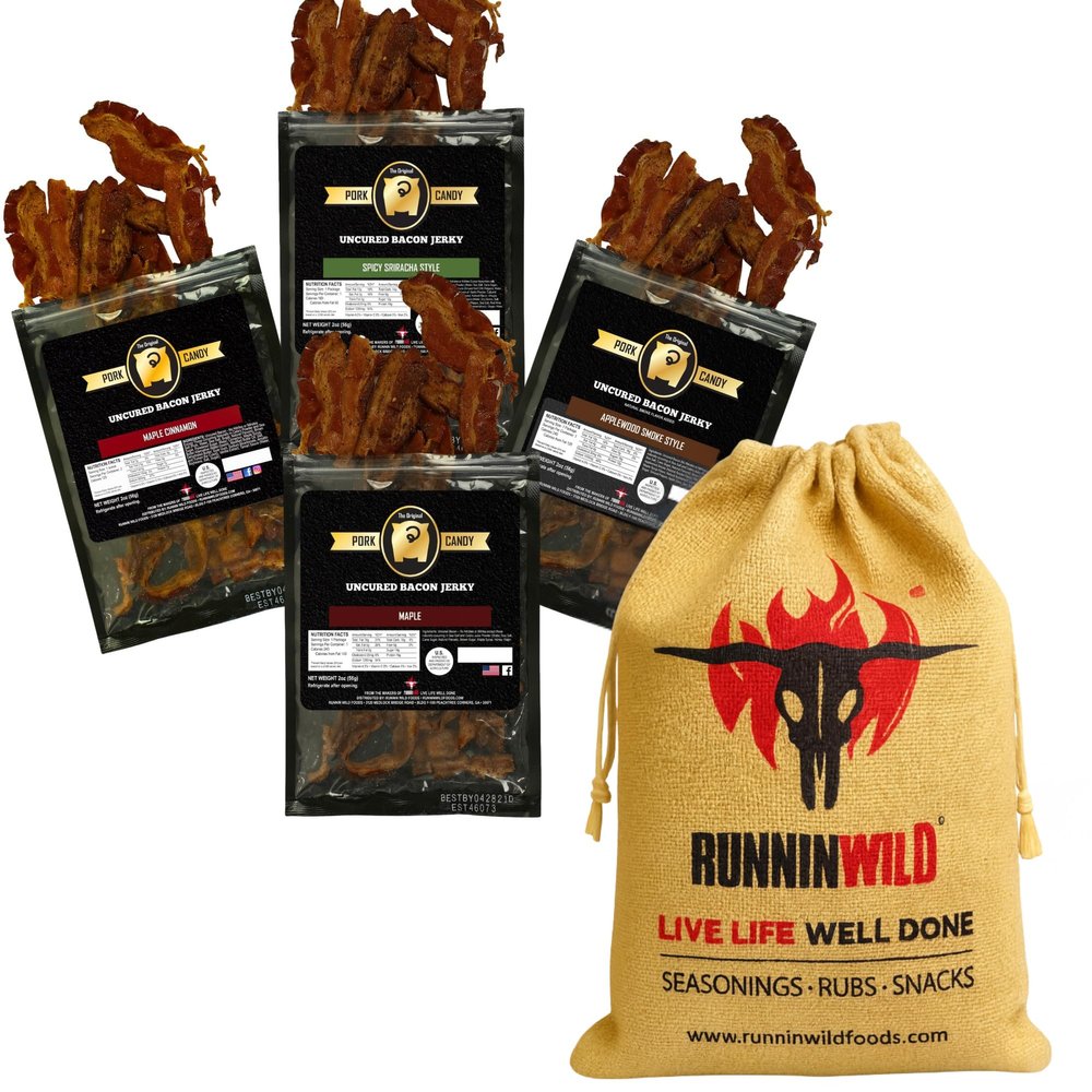Delicious Bacon Jerky Gift Set for Men Irresistible Variety Pack of Maple, Applewood, Spicy Sriracha & Cinnamon | Packed in Runnin Wild Burlap Bag | Fun, Flavor-Packed Gift for Dad