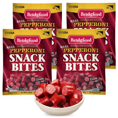 Bridgford Pepperoni Snack Bites 4 oz Pack of 4 - Ready-to-Eat Pepperoni Snacks for On-the-Go Snacking - Pork and Beef Bites with Zero Carbs for Keto Friendly Diets or any Dietary Preferences