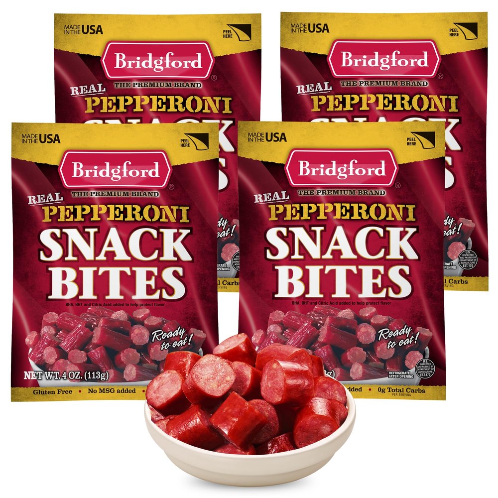 Bridgford Pepperoni Snack Bites 4 oz Pack of 4 - Ready-to-Eat Pepperoni Snacks for On-the-Go Snacking - Pork and Beef Bites with Zero Carbs for Keto Friendly Diets or any Dietary Preferences