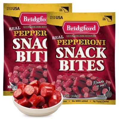 Bridgford Pepperoni Snack Bites 4 oz Pack of 2 - Ready-to-Eat Snacks for On-The-Go Snacking - Pork and Beef Pepperoni Bites with Zero Carbs for Keto Friendly Diets or Any Dietary Preferences