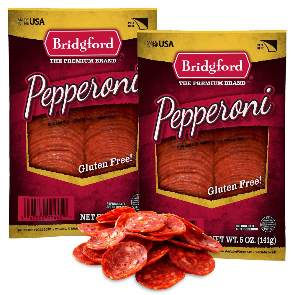 Bridgford Sliced Pepperoni 5 oz Pack of 2 - Gluten-Free Pepperoni Slices for Pizza and Sandwiches - Zero Carb Sliced Pepperoni for Keto Diets - Ready-to-Eat Pepperoni Slices for On-The-Go Snacking