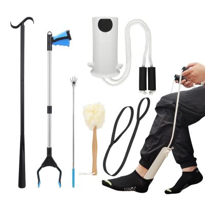 6PC Hip Replacement Recovery Kit, Includes Sock Aid, Long Handle Shoe Horn, Grabber Reacher, Telescoping Back Scratcher, Leg Lifter, Long Handled Bath Sponge, Aids for Postoperative Recovery