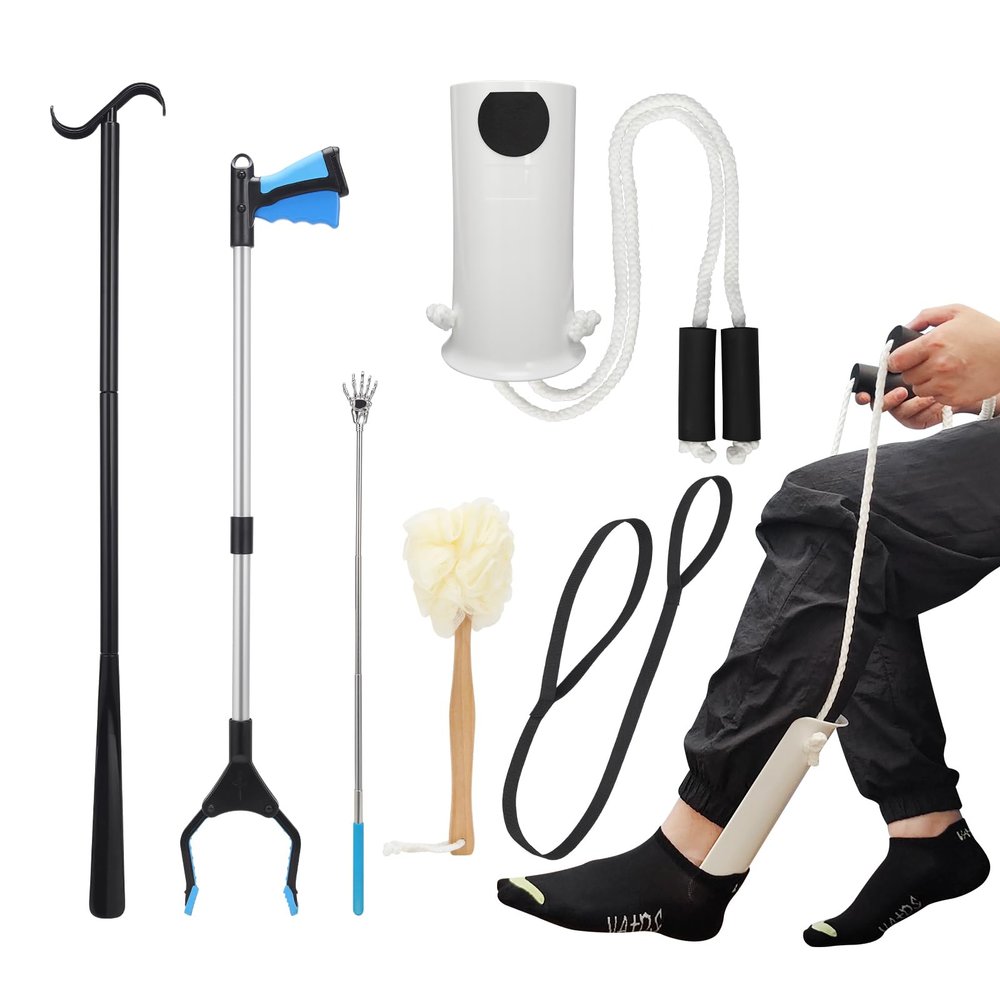 6PC Hip Replacement Recovery Kit, Includes Sock Aid, Long Handle Shoe Horn, Grabber Reacher, Telescoping Back Scratcher, Leg Lifter, Long Handled Bath Sponge, Aids for Postoperative Recovery