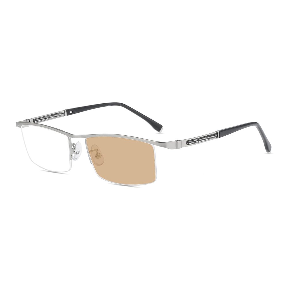 HELES Men's Business Half Rim Titanium Alloy&TR Photochromic Brown Reading Glasses Single Vision Outdoor Sunglasses Readers -Silver||+1.00 Strength