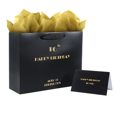 16th Birthday Gift Bag, Black Gold 16h Birthday Bag with Tissue Paper and Greeting Card, Happy 16th BirthdayGift Bags for Men Women, 12.6" Medium 16th Gift Bags