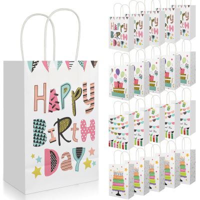20Pcs Birthday Gift Bags with Handles, 8.2" x 5.8"x3.15" Happy Birthday Paper Favor Bags, Colorful Candle Balloon Cake Print Birthday Goodie Bags, Party Treat Candy Bags for Boys Girls Birthday Party Supplies