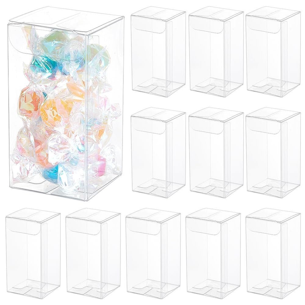 BENECREAT 40Pcs Clear Gift Boxes with Film, Rectangle Transparent PVC Favor Boxes 1.5x1.5x3inch for Wedding Party Treat Candy Cupcakes