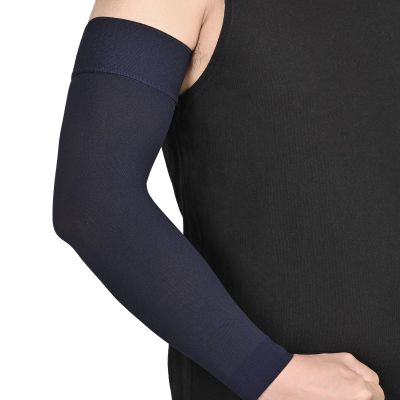 MGANG Lymphedema Compression Arm Sleeve for Women Men, Opaque, 15-20 mmHg Compression Full Arm Support with Silicone Band, Relieve Swelling, Edema, Post Surgery Recovery, Single Navy Blue L