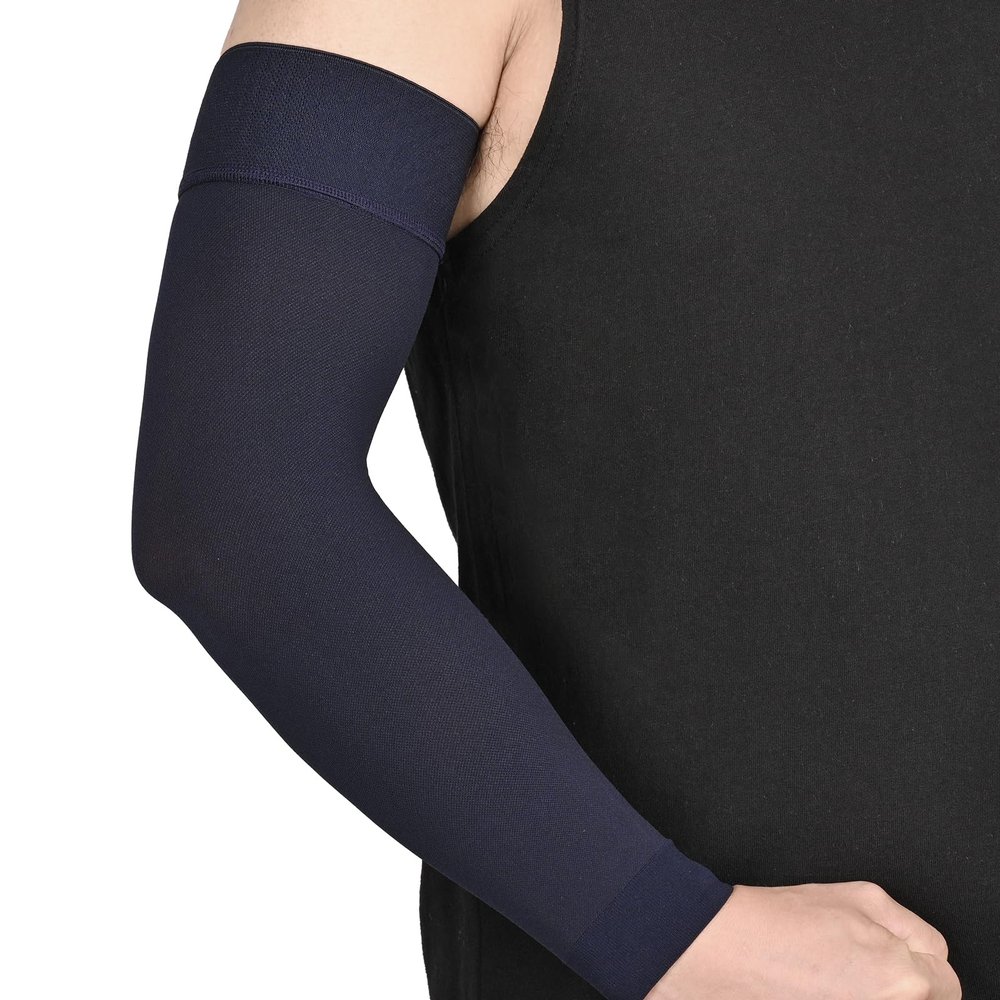 MGANG Lymphedema Compression Arm Sleeve for Women Men, Opaque, 15-20 mmHg Compression Full Arm Support with Silicone Band, Relieve Swelling, Edema, Post Surgery Recovery, Single Navy Blue L