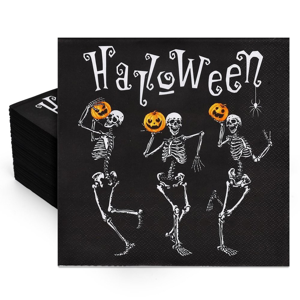 Whaline 50Pcs Halloween Skull Paper Napkins Dancing Skeleton Pumpkin Black Disposable Luncheon Dinner Table Napkins for Holiday Trick or Treat Party Decor Supplies