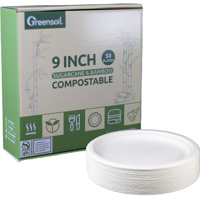 Greensoil 9 Inch Paper Plates - 50 Pack, Heavy Duty Disposable Plates, BPI Certified Compostable Plates for Dinner, Party, Wedding - Soak Proof, Cut Resistant, PFAS Free, Microwave & Freezer Safe