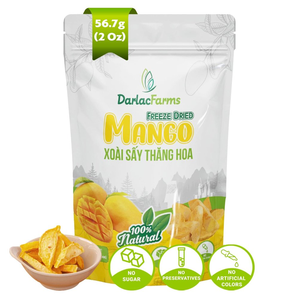 DARLAC FARMS Freeze Dried Mango Slices, 2 Oz  No Sugar Added, 100% Real Fruit, Crispy Healthy Fruit Snacks for Kids & Adults, Freeze Dried Fruit for Smoothies, Yogurt & Baking, Pack 1
