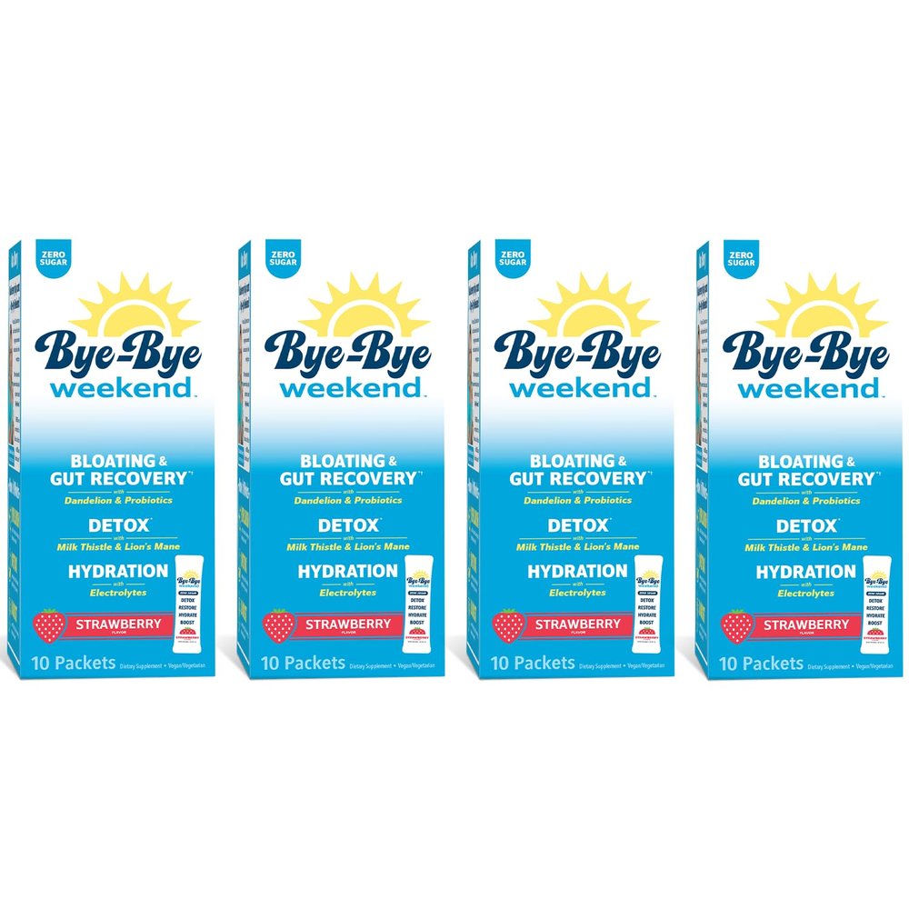Bye-Bye Weekend Detox Drink Mix w/Electrolytes - for Bloating, Recovery, Fatigue, Brain Fog - Probiotics, Lions Mane, Milk Thistle - Zero Sugar Strawberry - 40 Pack