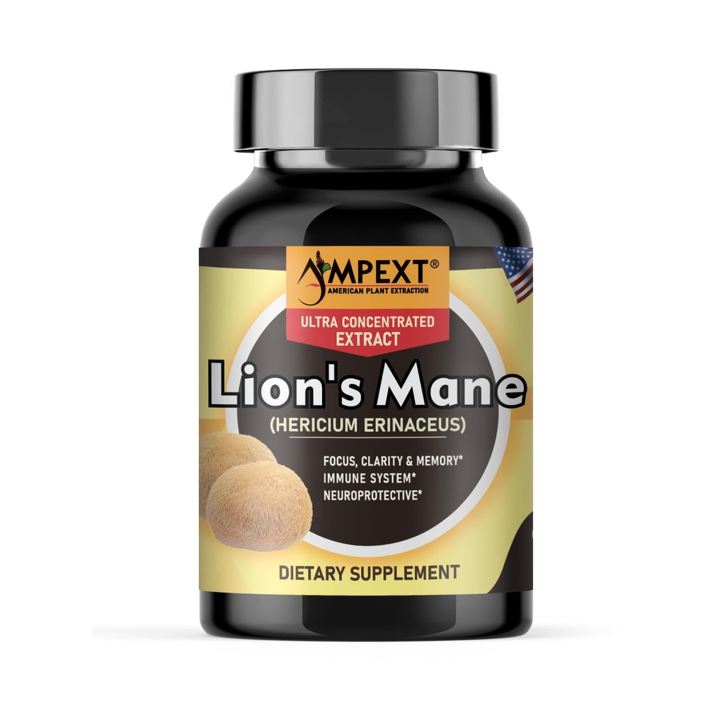 AMPEXT Lions Mane Mushroom Extract - Premium Quality, Only Fruiting Bodies, Cognitive Functions, Memory & Focus, Immunity Booster, 90 Veg Caps.