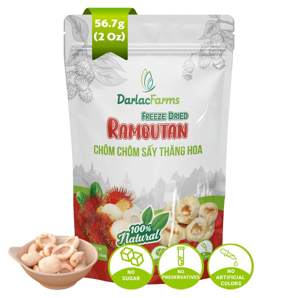 DARLAC FARMS Freeze Dried Rambutan Bites, 2 Oz No Sugar Added, 100% Fruit, Crispy Exotic Tropical Fruit Snacks for Kids & Adults, Healthy Freeze Dried Fruit for Smoothies, Yogurt & Tea, Pack 1