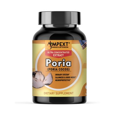AMPEXT Poria Cocos Mushroom Extract - Premium Quality, Only Fruiting Bodies Extract, Antioxidant, Kidney Support, Calmness & Good Mood, Cardiovascular Boost, 90 Veg Caps.
