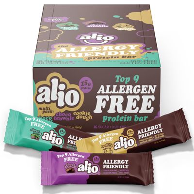 Alio Protein Bars - 3-Flavor Combo Box (12 Bars)  Free From The Top 9 Food Allergens, High Protein, Low-Calorie, Vegan, Gluten-Free, Nut-Free, Non-GMO, Plant-Based, Seed Oil Free, Delicious & Healthy Snack