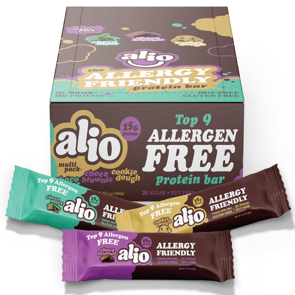 Alio Protein Bars - 3-Flavor Combo Box (12 Bars)  Free From The Top 9 Food Allergens, High Protein, Low-Calorie, Vegan, Gluten-Free, Nut-Free, Non-GMO, Plant-Based, Seed Oil Free, Delicious & Healthy Snack