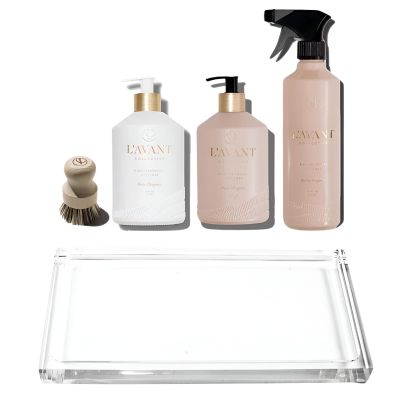 L'AVANT Collective Luxury Home Essentials Bundle High Performing Dish Soap, Hand Soap, Multipurpose Cleaner Spray, Scrub Brush, Lucite Tray Luxurious Ingredients Reusable Bottles (Blushed Bergamot)