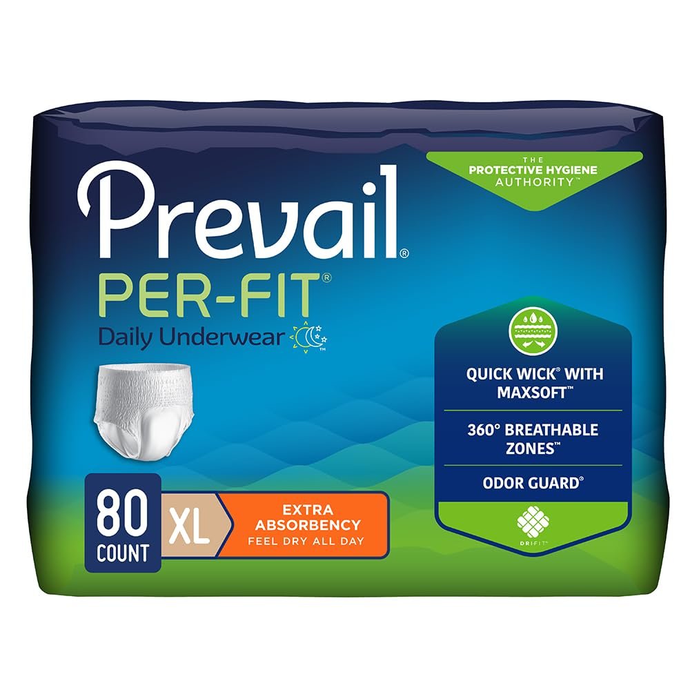 Prevail Per-Fit Daily Protective Underwear, Unisex Adult Disposable Diaper for Men& Women, Extra Absorbency, X-Large, 58""-68"" Waist, 80 Count Case, White