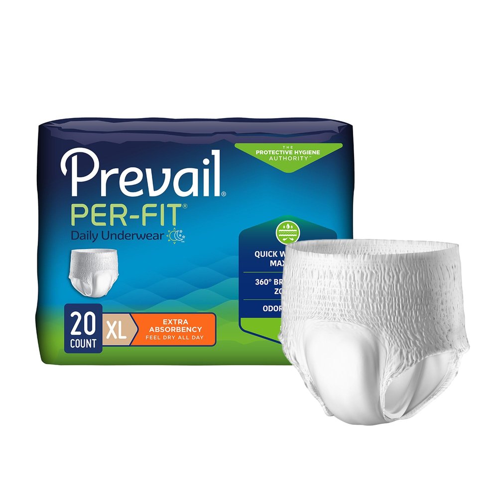 Prevail Per-Fit Daily Protective Underwear, Unisex Adult Disposable Diaper for Men & Women, Extra Absorbency, X-Large, 58""-68"" Waist, 20 Count Bag, White
