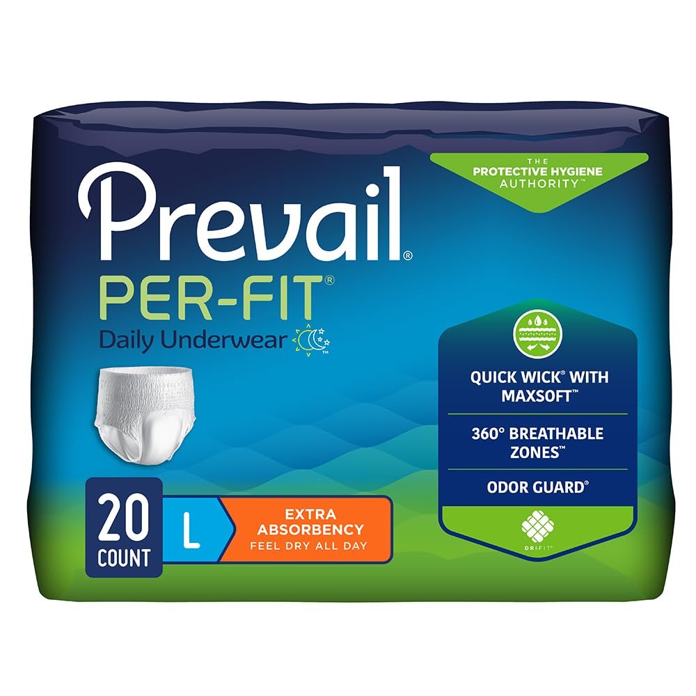 Prevail Per-Fit Daily Protective Underwear, Unisex Adult Disposable Diaper for Men & Women, Extra Absorbency, Large, 44""-58"" Waist, 20 Count Bag, White