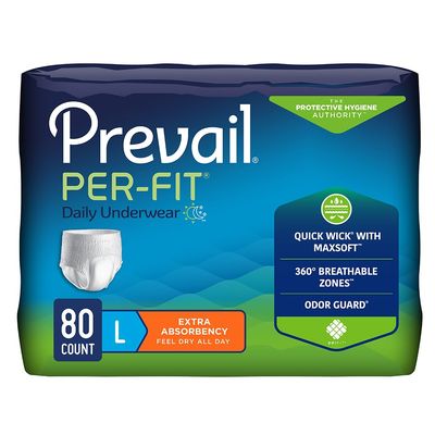Prevail Per-Fit Daily Protective Underwear, Unisex Adult Disposable Diaper for Men& Women, Extra Absorbency, Large, 44""-58"" Waist, 80 Count Case, White
