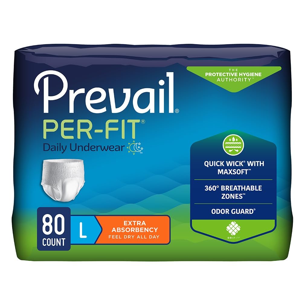 Prevail Per-Fit Daily Protective Underwear, Unisex Adult Disposable Diaper for Men& Women, Extra Absorbency, Large, 44""-58"" Waist, 80 Count Case, White