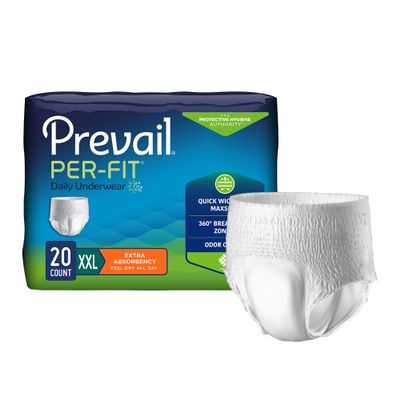 Prevail Per-Fit Daily Protective Underwear, Unisex Adult Disposable Diaper for Men& Women, Extra Absorbency, 2X-Large, 68"-80" Waist, 80 Count Case