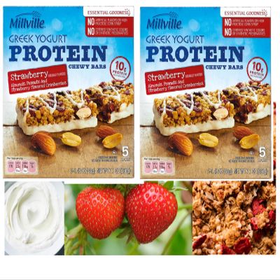   2-Pack Almonds, Peanuts, and Strawberry Greek Yogurt Protein Chewy Granola Bars, 5 Bars x 2 Boxes, 10 Bars Total   10 grams of protein per bar! No Artificial Additives. Perfect for office or on-the-go snacks!