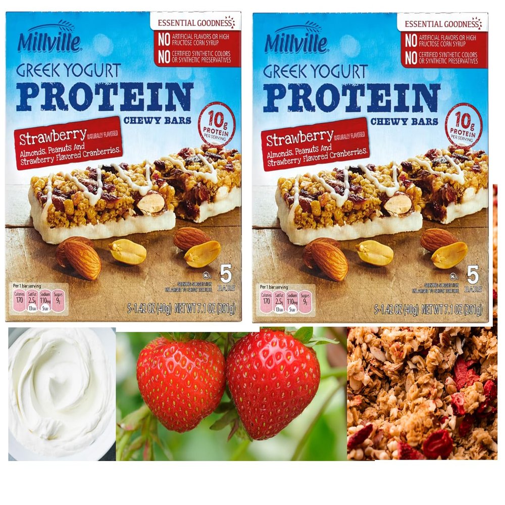   2-Pack Almonds, Peanuts, and Strawberry Greek Yogurt Protein Chewy Granola Bars, 5 Bars x 2 Boxes, 10 Bars Total   10 grams of protein per bar! No Artificial Additives. Perfect for office or on-the-go snacks!