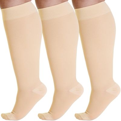 ABSOLUTE SUPPORT (3 Pairs) Wide Calf Knee High Compression Support Stockings for Men and Women 20-30mmHg | For Circulation during Flight, Travel, Sports, Athletic - Beige, 4X-Large - A501BE7-3