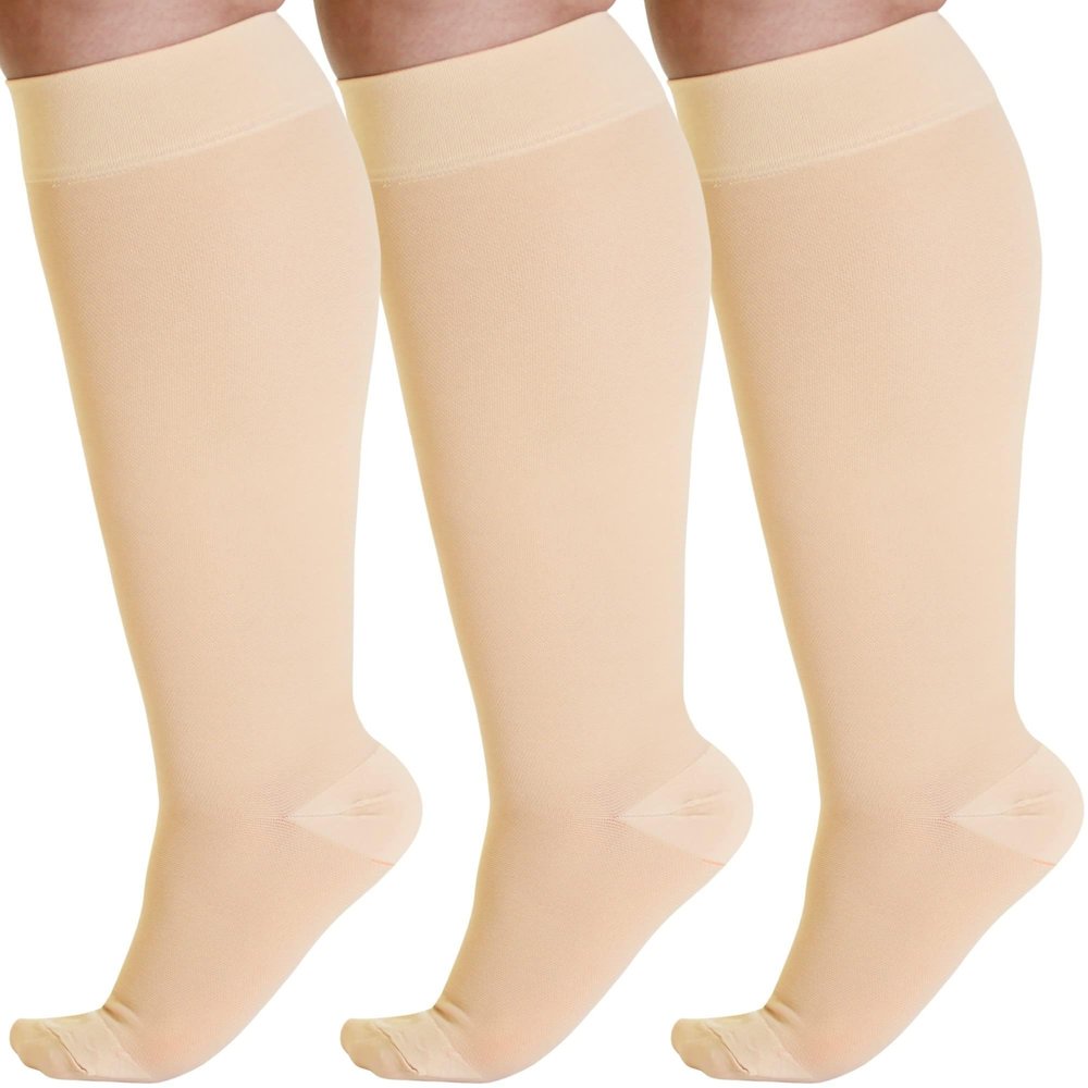 ABSOLUTE SUPPORT (3 Pairs) Wide Calf Knee High Compression Support Stockings for Men and Women 20-30mmHg | For Circulation during Flight, Travel, Sports, Athletic - Beige, 4X-Large - A501BE7-3